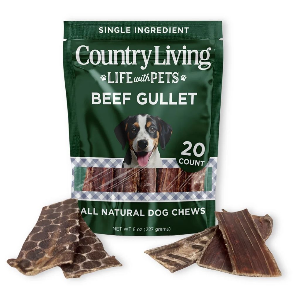 Country Living 6” Gullet Flats Dog Treats – 20 Count Bag – All-Natural Beef Esophagus Chews – High-Protein, Easily