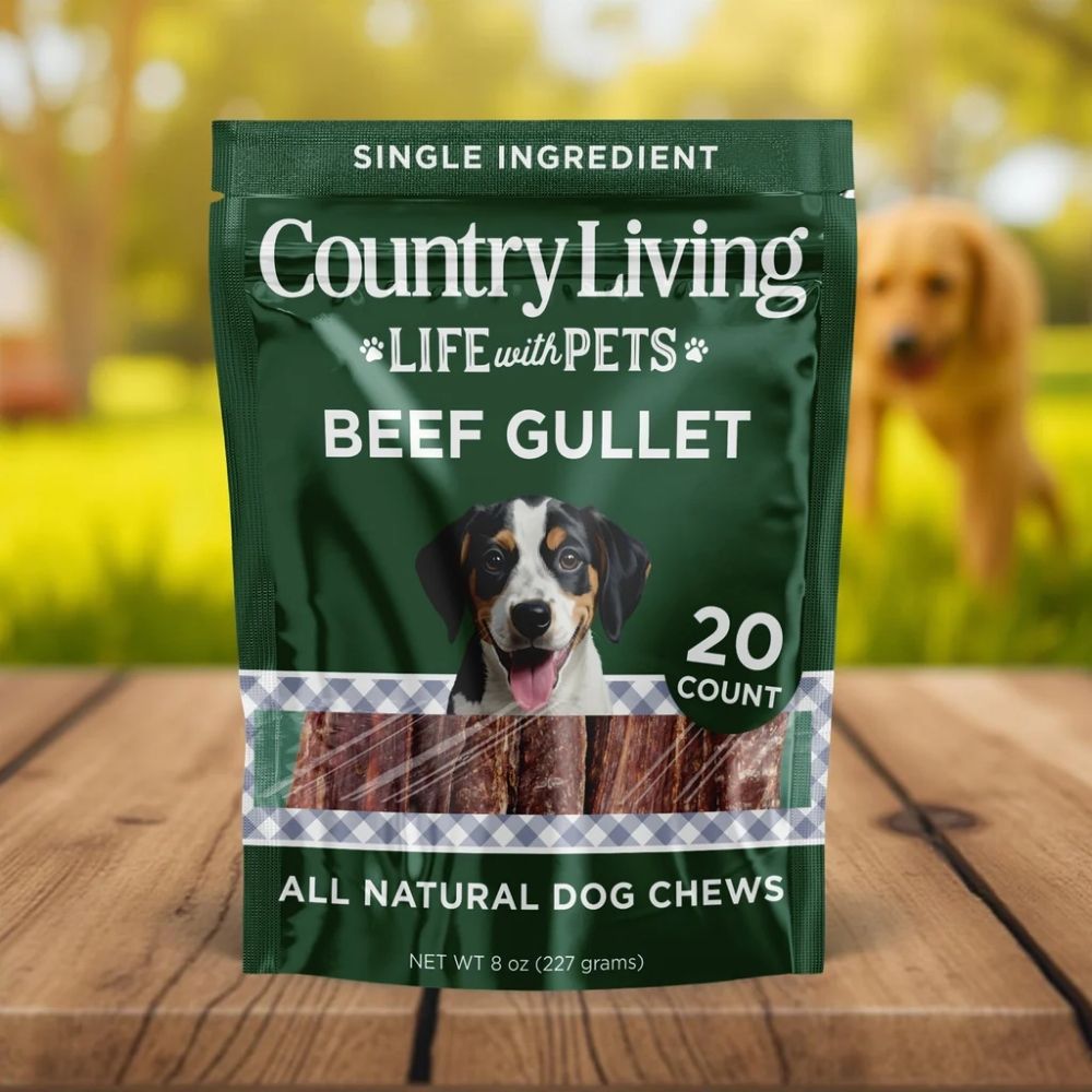 Country Living 6” Gullet Flats Dog Treats – 20 Count Bag – All-Natural Beef Esophagus Chews – High-Protein, Easily